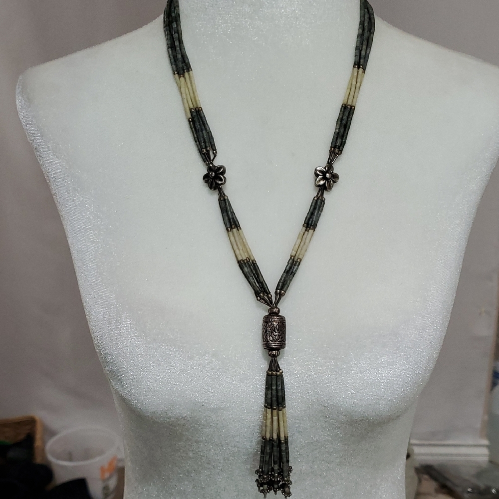 Vintage Green and Cream Beaded Necklace with Floral Charms